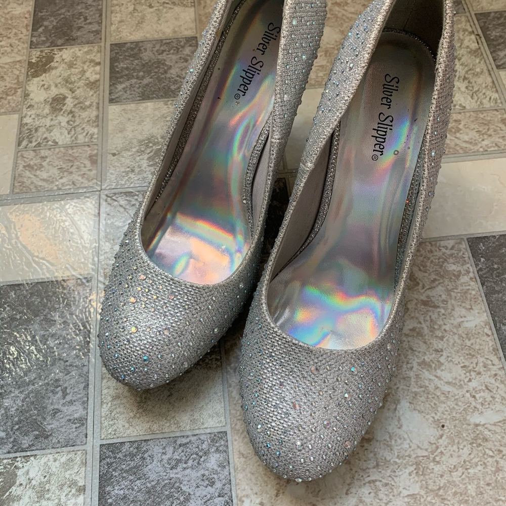 Sparkly silver high heel shoes